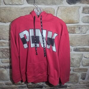 PINK Victoria’s Secret Hoodie Medium Red Sherpa Lined Hood Plaid Logo Pullover M